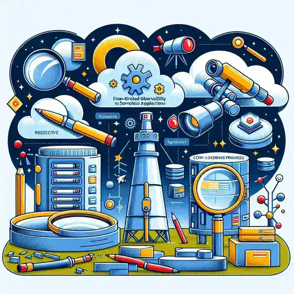 "Illustration of essential tools for fine-grained observability in serverless applications, highlighting monitoring dashboards, logging, and performance metrics."